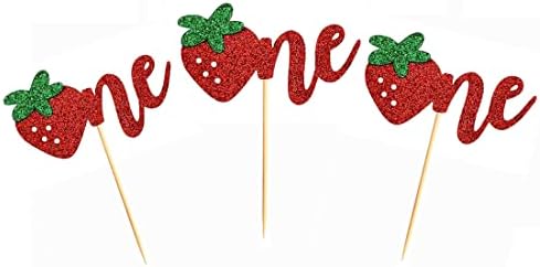 Morndew 24 PCS Strawberry One/1st Cupcake Toppers for First Birthday Anniversary Baby Shower Wedding Party Decorations