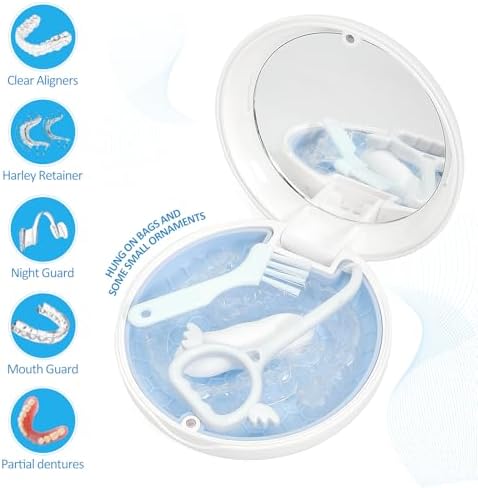 Retainer Case Slim Aligner Case with Vent Holes Cute Dental Brace Box with Retainer Removal Tool and Brush Compatible with Night Guard and Mouth Guard (White Blue)