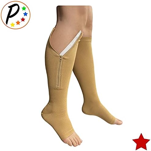 Presadee Original Open Toe 20-30 mmHg Firm Compression Circulation Zipper Socks (Beige, L/XL)