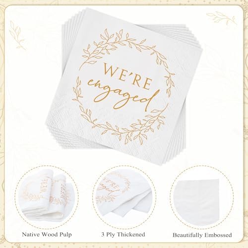 Kosiz 200 Pack We're Engaged Napkins Gift 3 Ply Disposable Paper Engagement Cocktail Napkins for Wedding Party Beverage Dinners Cake Tableware Decorations, 4.5 x 4.5 Inch