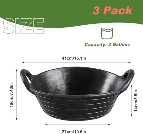 Maxdot 3 Pieces Rubber Feed Pan with Handles 3 Gallon Heavy Duty Livestock Feed Tub for Horses Goats Chickens Ducks Flexible Garden Farm Utility Bucket Harvest Tub for Vegetables Washing Soil Mixing
