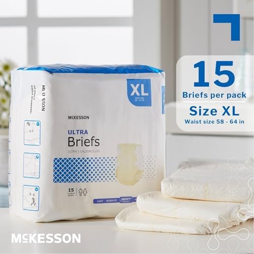 McKesson Ultra Briefs, [60 Count], XL, 58-64 in. Incontinence Adult Diapers with Tabs, Heavy Absorbency, Unisex, Disposable, Elastic Leg Gathers and Contoured Fit for Men and Women