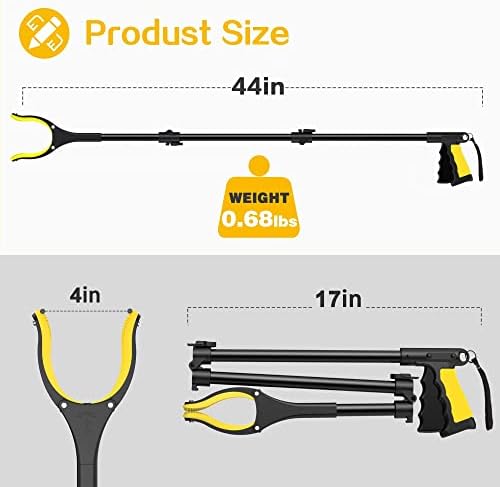44 Inch Extra Long Grabber Reacher Tool，Foldable Trash Pick Up Stick for Seniors with Strong Grip Magnetic，360°Rotating Anti-Slip Jaw 4" Wide Claw Opening,Hand Grabber for Reaching