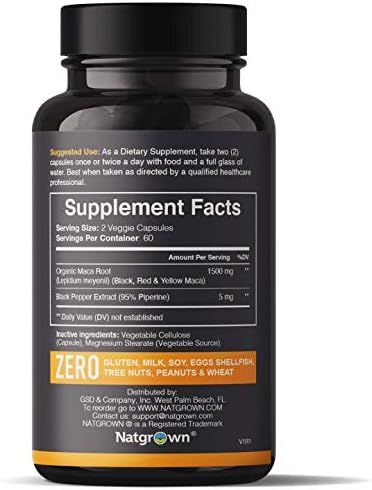 Natgrown Organic Maca Root Powder Capsules - Black, Red & Yellow - 1500 mg per Serving - Gelatinized Peruvian Maca Supplement - Non-GMO, Gluten-Free, Vegan - (120 Count)