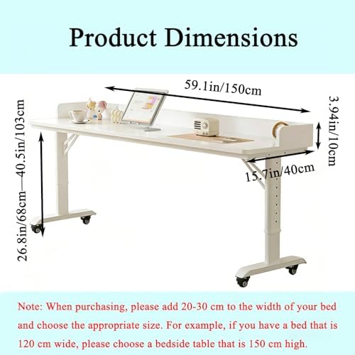 White Overbed Table Adjustable Height,Overbed Table with 360° Wheels, Rolling Over The Bed Desk, Queen Size Beds, Laptop Desk for Bed, for Bedroom, Living Room, Hospital Use