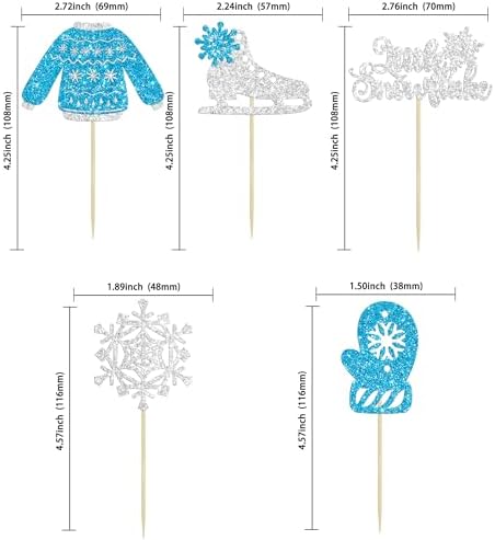 Gyufise 30Pcs Little Snowflake Cupcake Toppers Glitter Skate Shoe Gloves Sweater Cake Topper Decorations for Snowflake Theme Winter Wonderland Baby Shower Birthday Party Supplies Blue
