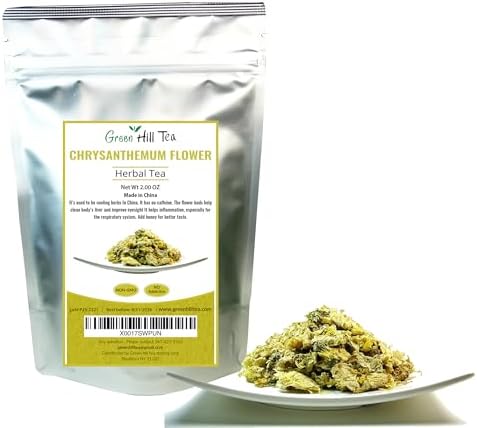 Green Hill Tea Chrysanthemum Flower – Premium Dried Chrysanthemum for Tea - Chinese Herbal Tea - Caffeine-Free, Gluten-Free, Vegan - Rich in Antioxidants 2 oz bag