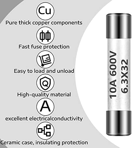 Kingdder 10 Pieces Ff10a 600v Multimeter Fuses Dc Dmm Fast Blow Action 10 Amp Ceramic Fuses Brass Made for Dc Dmms 6.3 x 32 mm
