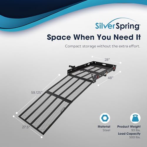 Silver Spring Folding Steel Wheelchair Carrier with Ramp & Hitch Mount, 48" x 27.75", Black - Heavy-Duty and Foldable Mobility Carrier for Scooter Vehicles and Wheelchairs