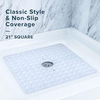 SlipX Solutions Square Natural Rubber Shower Stall Mat, 21” x 21”, Non Slip Safety, Built-in Product Protection, 140 Power Grip Suction Cups, Center Drain Hole, White