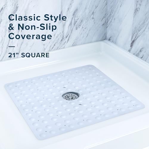 SlipX Solutions Square Natural Rubber Shower Stall Mat, 21” x 21”, Non Slip Safety, Built-in Product Protection, 140 Power Grip Suction Cups, Center Drain Hole, White