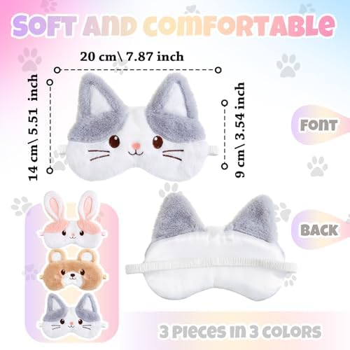 Geyoga 3 Pcs Sleep Mask for Kids, Girls Plush Sleeping Eye Cover Soft Eye Blindfold Cover Animal Shade for Kids(Colorful,Bear, Rabbit, Cat Style)