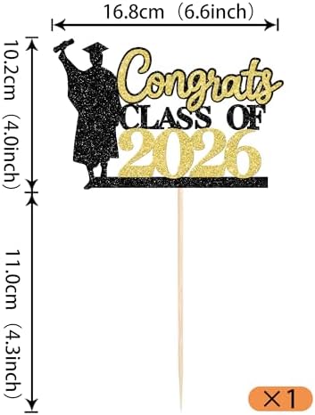 Rsstarxi 1 Pack Congrats Class of 2026 Cake Topper Glitter Boy Graduation Decorations Class of 2026 Grad Cap Diploma Cake Pick for College 2026 Graduation Party Cake Decorations Gold