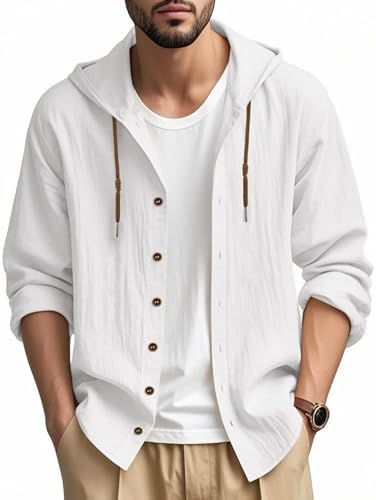 PIDOGYM Men Cotton Linen Long Sleeve Button Down Shirt Summer Casual Hawaiian Beach Tops Lightweight Fashion Hoodies