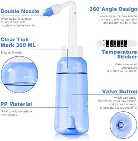URAQT Neti Pot, Nasal Rinse Kit Nose Wash Cleaner, 300ml Sinus Rinse Bottle with 20 Nasal Wash Salt Packets and 10 Thermometer Sticker, Pressure Rinse Nasal Irrigation for Adult and Kid BPA Free
