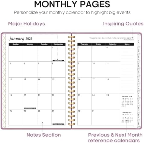 2025 Planner, Weekly and Monthly Planner Spiral Bound, Jan 2025 - Dec 2025, Hardcover 2025 Calendar Planner Book with Tabs, Inner Pocket, Perfect for Office Home School Supplies - A5 (6.3" x 8.5"), Purple