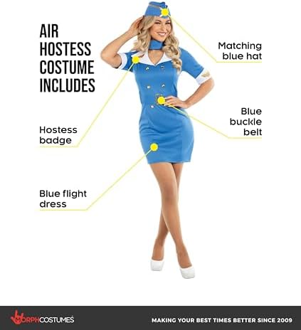 Morph Air Hostess Costume for Women Blue - Retro Stewardess Outfit Womens - Flight Attendant Costume for Women