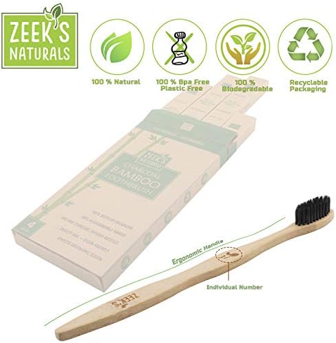 Biodegradable Eco-Friendly Natural Bamboo Charcoal Toothbrushes - Pack of 4 - Numbered - Charcoal Infused Bristles