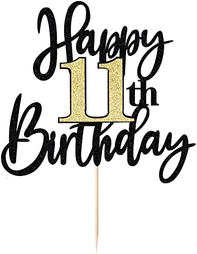 Black Gold Glitter Happy 11th Birthday Cake Topper,Happy 11 Birthday Cake Decoration for 11 & Fabulous Birthday,Hello 11 Party Anniversary Party Cake Decorations Supplies