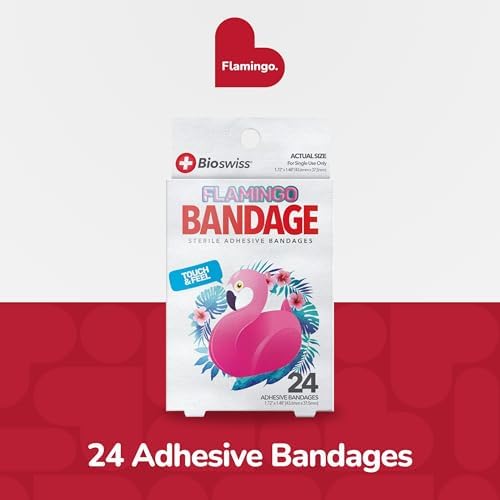 BioSwiss Bandages, Flamingo Shaped Self Adhesive Bandage Set, Latex Free, Sterile Wound Care, 24 Count