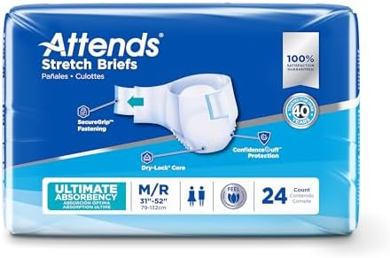 Attends Stretch Adult Incontinence Disposable Briefs, Medium/Regular 31"-52" Waist with SecureGrip Tab Closure, Ultimate Absorbency with Dry-Lock Containment Core and Breathable Side Panels, 96ct Case