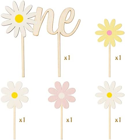 Daisy ONE Cake Topper - 5Pcs Wood Painted Colorful Boho Groovy Daisy Flower Dessert Cupcake Topper Food Safe Cake Picks Cheers Decorations Featuring Baby Shower Kids Birthday Party Supplies