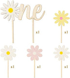Daisy ONE Cake Topper - 5Pcs Wood Painted Colorful Boho Groovy Daisy Flower Dessert Cupcake Topper Food Safe Cake Picks Cheers Decorations Featuring Baby Shower Kids Birthday Party Supplies
