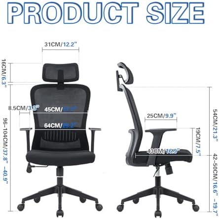 Ergonomic Office Chair Mesh Rolling Recliner with Armrest, Adjustable Headrest, 90°-125°Tilt, High-Back Conference Executive for Home Study Working Study