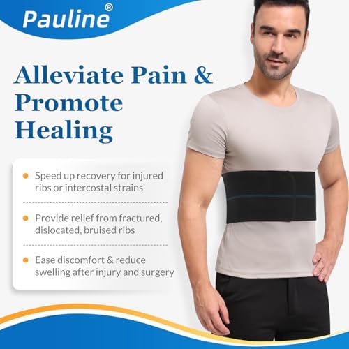 Pauline Broken Rib Brace for Men - Compression Chest Binder for Cracked Ribs Support & Chest Pain Relief - Rib Belt for Bruised Rib Cage (Black, Fits 30”-45”)