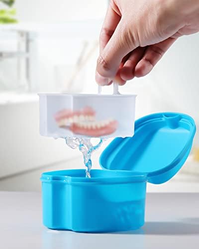 JMU 2 PCS Denture Bath Case with Strainer Basket Soaking Cup & Mouthguard Storage Container (Light Blue, Purple)