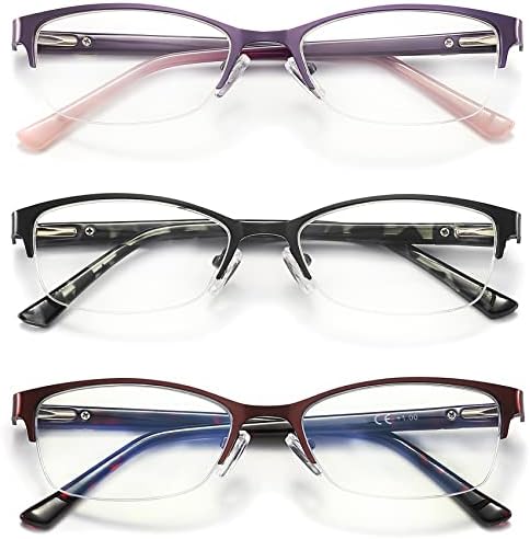 Blue Light Blocking Reading Glasses for Women - 3 Pack with Metal Oval Frame, Spring Hinge, Anti Blue Ray - 225 Magnification Strength