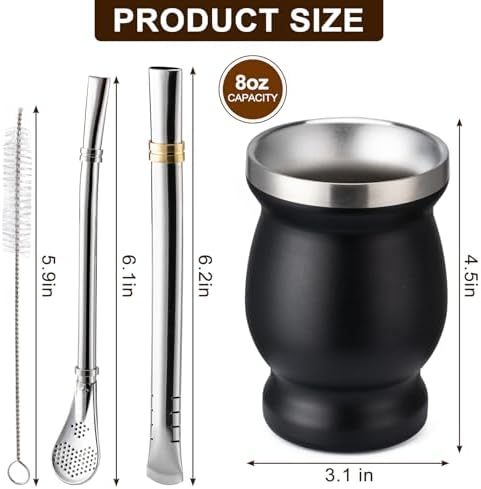 Husfunov 8oz Yerba Mate Cup, 304 Stainless Steel Double-Wall Mate Cup, Heat Insulation Yerba Mate Gourd, Tea Cup Set Includes Cleaning Brush & 2 Bombillas (Black)