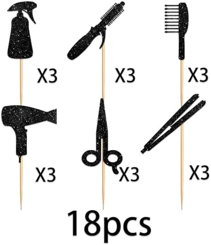 W Hair Cutting Equipment Cupcake Topper for Hairstylist Theme Party Favors Decorations Cheer to Men Women Happy Birthday Party Decor Supplies set 18pcs Black Glitter