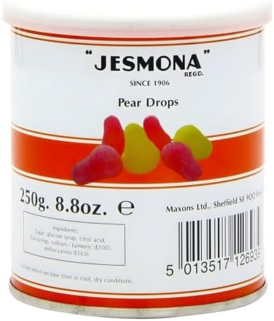 Jesmona Pear Drops - British Hard Candy 250g (8.8 Oz) Gift Tin | Mini Pear Flavored Boiled Sweet | Traditional Old Fashioned Retro English Sweets | Imported Confectionery from England, UK