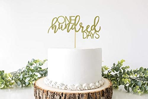 One Hundred Days Cake Topper - Happy 100 Days Cake Decors - Baby's Birthday Party Decorations & Supplies - Gold Glitter