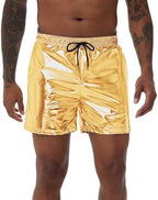 NewL Mens Gold Metallic Shiny Rave Night Club Shorts Comfort Sweatpants Disco Dance Party Elastic Trousers