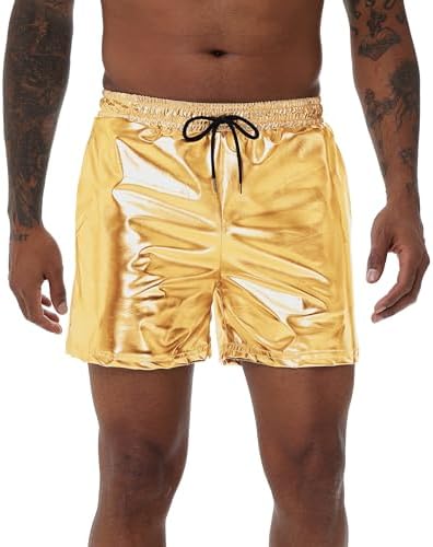 NewL Mens Gold Metallic Shiny Rave Night Club Shorts Comfort Sweatpants Disco Dance Party Elastic Trousers