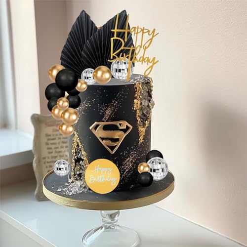 MEMOVAN 25pcs Man Cake Topper Disco Ball Cake Topper Black & Gold Balls Palm Leaves Black Gold Boho Cake Decorations for Man Boy Bohemian Black Theme Wedding Baby Shower Birthday Party