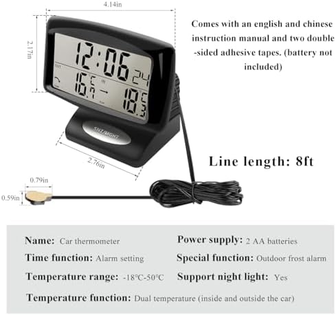 Car Digital Thermometer Clock, 2 in 1 Easy to Read Car Indoor Outdoor Thermometer with LCD Backlight, Vehicle Luminous Clock & Temperature Meter, Car Internal Accessories