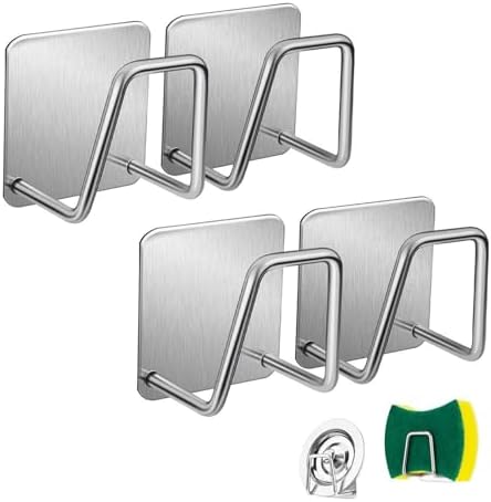 4 Piece Stainless Steel Storage Shelf Set - Kitchen Sink Drain Drying Rack, Bathroom Sponge Holder & Cleaning Sponge Rack Hooks, Multi-Functional Organizer for Home