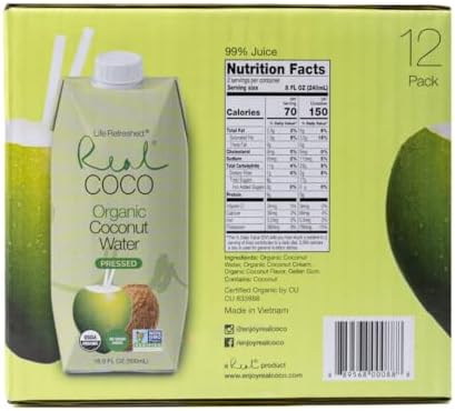 Real Coco Organic Pressed Coconut Water (12-Pack 500mL), USDA Organic, No Sugar Added, Essential Electrolytes, Plant Based, NON GMO, Dairy & Soy Free
