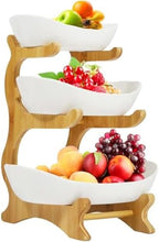 YWHWXB Multi-Layer Fruit Bowl with Natural Bamboo Rack,Plastic Wooden Frame Candy Plate,Large Capacity Snack Bowl Set,Bamboo Food Serving Tray for Kitchen Counter (White, Triple Layer)