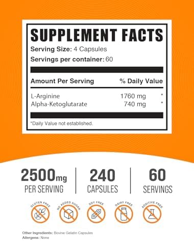 BulkSupplements.com AAKG Capsules - L-Arginine Supplement, Nitric Oxide Supplement - Gluten Free, 4 Capsules per Serving, 240 Count (Pack of 1)