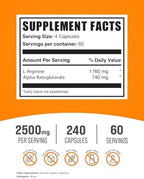 BulkSupplements.com AAKG Capsules - L-Arginine Supplement, Nitric Oxide Supplement - Gluten Free, 4 Capsules per Serving, 240 Count (Pack of 1)