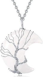 Tree of Life Crescent Moon Necklace Natural Quartz Amethyst Healing Crystal Energy Stone Pendant Wire Wrap Gemstone Chain Spiritual Jewelry Gift for Women Men