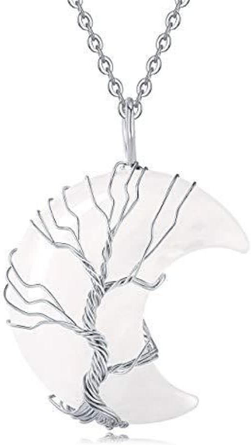 Tree of Life Crescent Moon Necklace Natural Quartz Amethyst Healing Crystal Energy Stone Pendant Wire Wrap Gemstone Chain Spiritual Jewelry Gift for Women Men