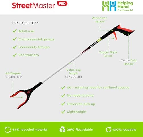 Streetmaster PRO Extended Length Litter Picker 37”/93cm. Long Trash Picker for Adults. Multi Use Pick Up Grabber with Rotating Head, Easy Grip Lightweight Grabber for Rubbish