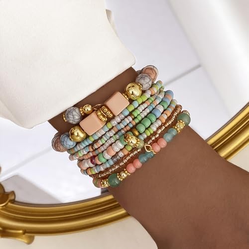 IFKM 8PCS Beaded Bracelets for Women, Multilayered Stackable Strand Stretch Bead Bracelet Pack Handmade Trendy Bohemian Charm Jewelry