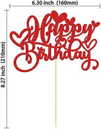 Gyufise 1Pc Love Heart Happy Birthday Cake Topper Red Glitter Sweet Valentine's Day Cake Picks Decorations for Valentine's Day Love Theme Baby Shower Birthday Party Supplies