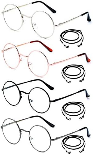 4 Packs Round Reading Glasses with Lanyards Metal Frame Slim Rim Spring Hinge Circle Frame Vintage Reading Glasses +1.50